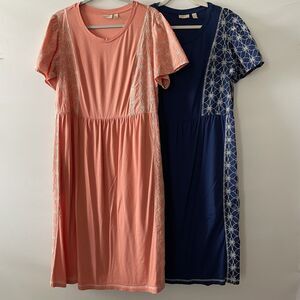 LOGO Lavish Bundle of 2 Knit Midi Dresses Embroidered Short Sleeve Size M